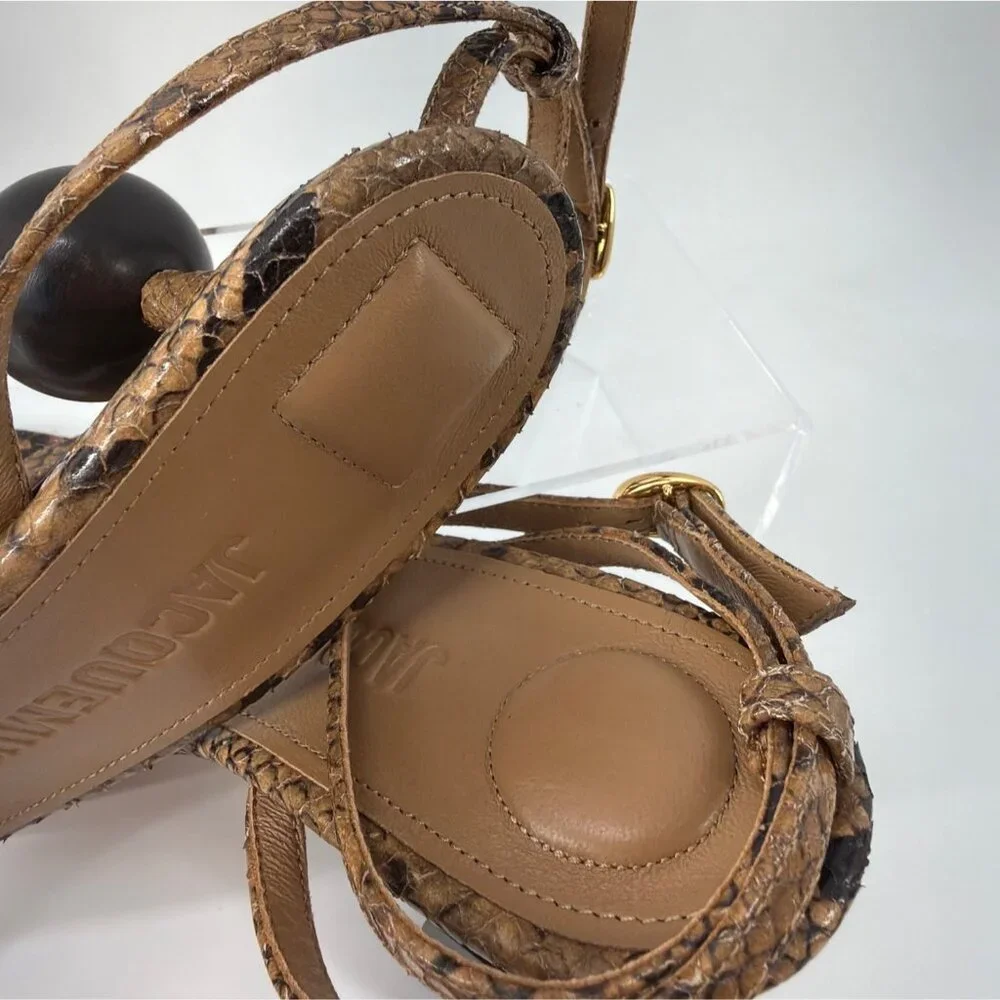 Jacquemus Les Bisu Sandals Snake Print Leather Ankle Strap Geometric Heels Sz 37